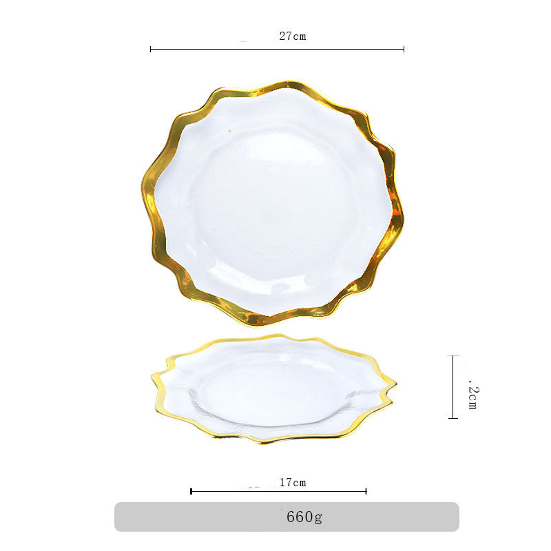 Handpainted 21Cm 27Cm 33Cm 13Inch 10.5Inch 8.5Inch Multi-Size Gold Beaded Charger Plate Glass Plates For Weddings Decoration