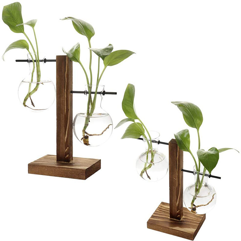 Hot sale Indoor Wooden Stand Air Planter Bulb Glass Vase For Clear Ornaments Plants Terrarium Container