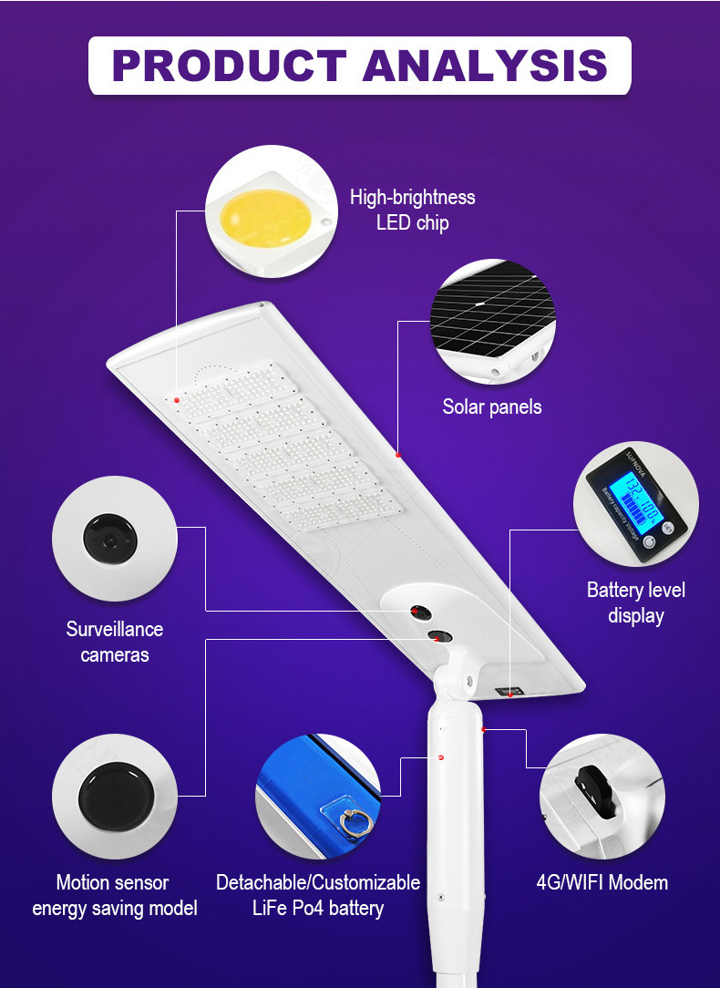 outdoor 4g wifi motion sensor pashway integrated 60w 80w 120w 300w smart LED all in one solar street light with CCTV camera