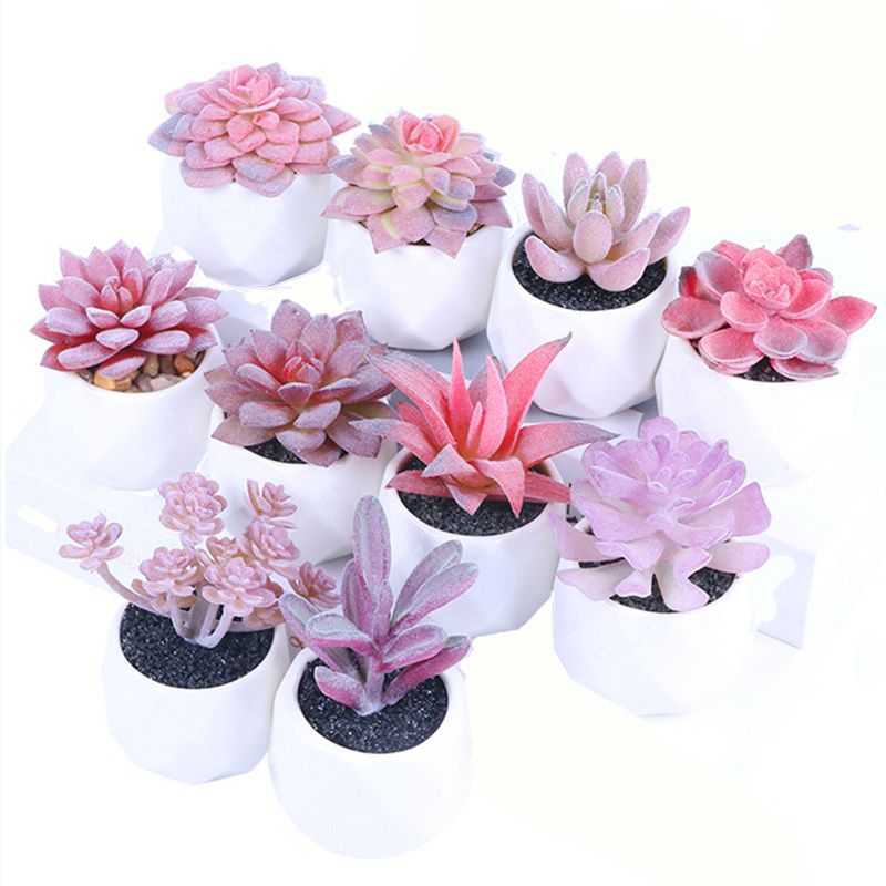 Artificial Flocking Succulents Potted Succulents In White Ceramic Pot For Table Indoor Decor