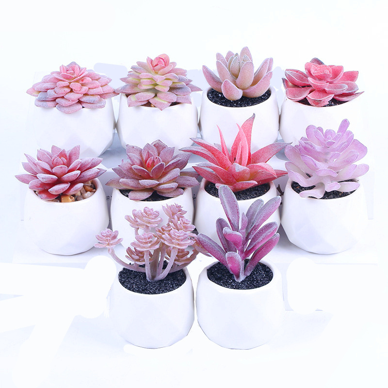 Artificial Flocking Succulents Potted Succulents In White Ceramic Pot For Table Indoor Decor