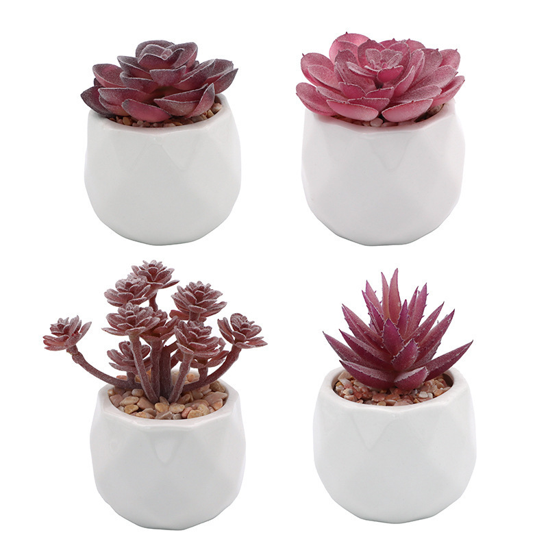 Artificial Flocking Succulents Potted Succulents In White Ceramic Pot For Table Indoor Decor