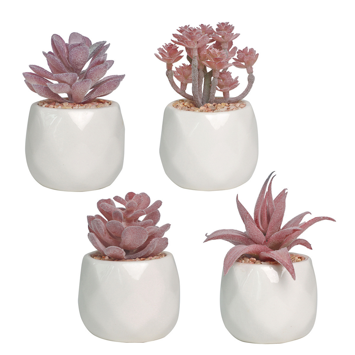 Artificial Flocking Succulents Potted Succulents In White Ceramic Pot For Table Indoor Decor