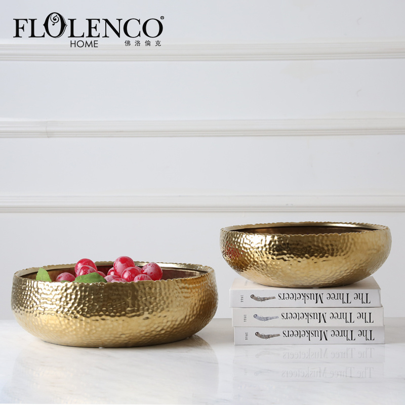 Home deco large luxury gold printed salad fruit serving ceramic porcelain pottery plate bowls