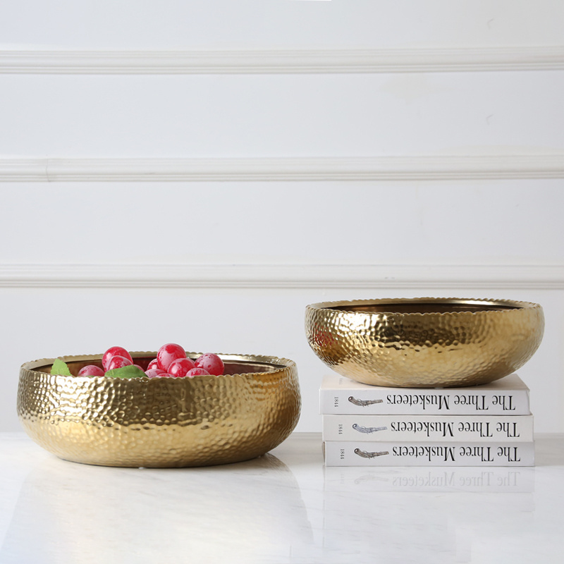 Home deco large luxury gold printed salad fruit serving ceramic porcelain pottery plate bowls