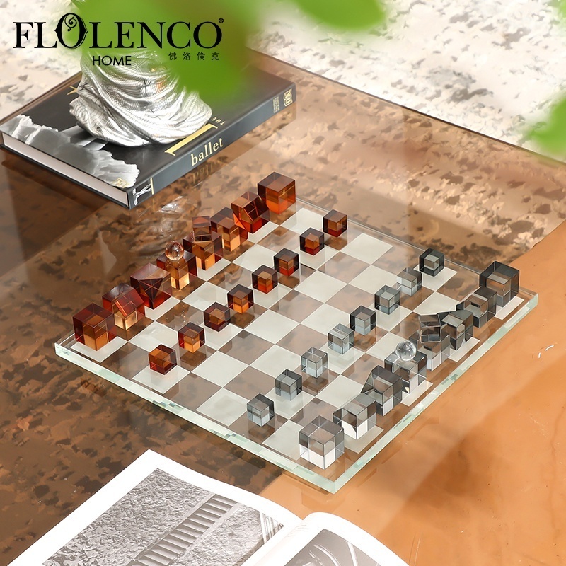 Flolenco Clear Crystal Chess Set Ornaments Home Interior Living room Study Decoration Chess Game Board Set Luxury