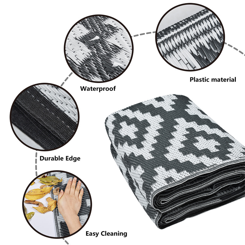 4x6FT Gray&White Multipurpose Foldable Picnic mat RV Outdoor Rugs for Camping UV and Weather Resistant Patio Carpet