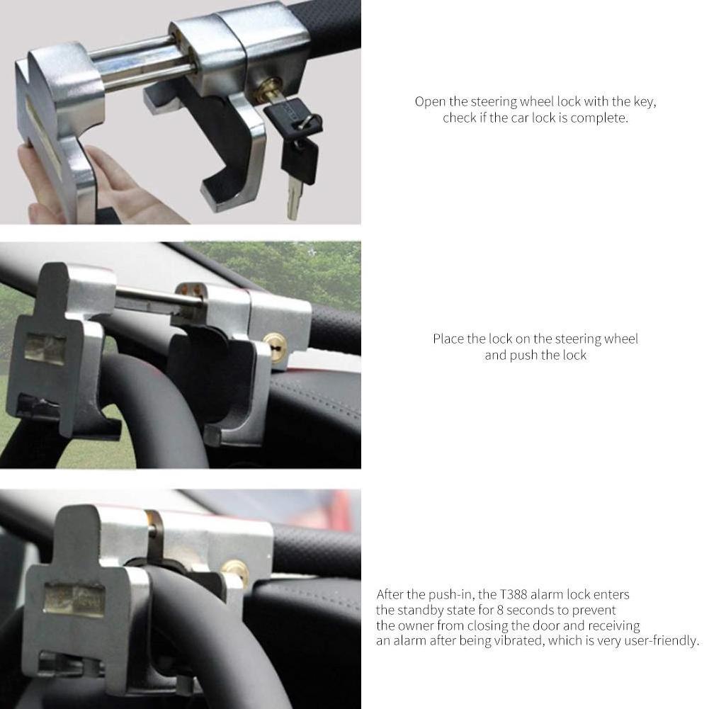 Steering Wheel Anti-Theft Device with Alarm Security Car Anti Theft Safety Lock Retractable Protection T-Lock