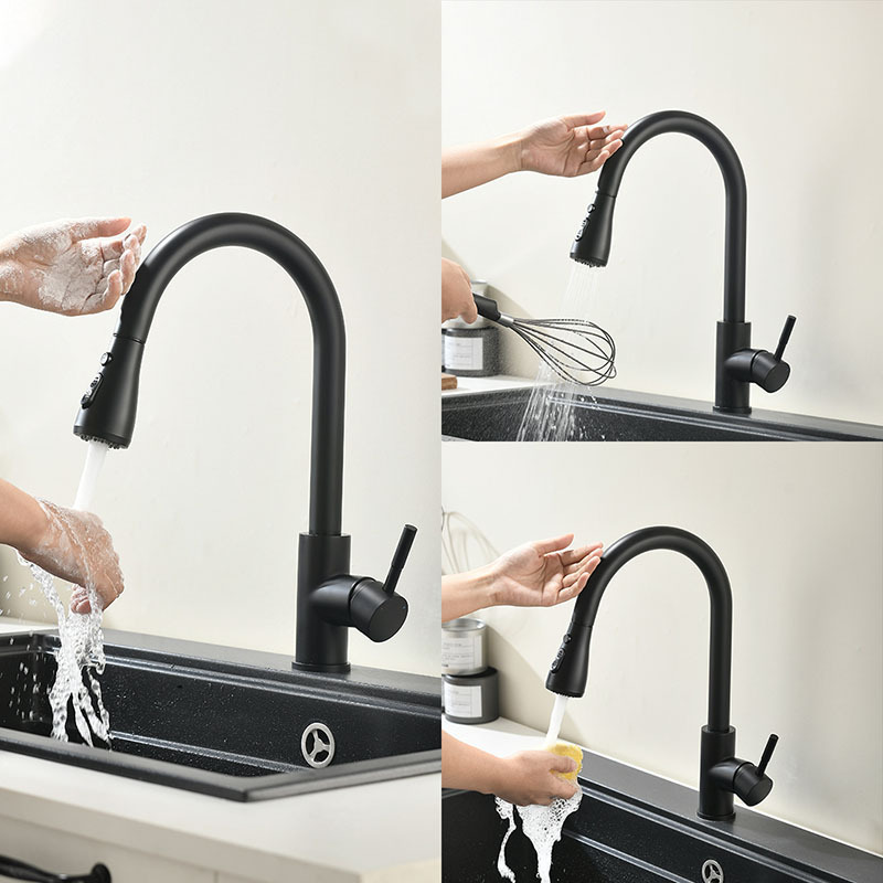 Black Gold Color Pull Down Sprayer Stretchable Pull Out Touch Sensor Kitchen Sink Faucet