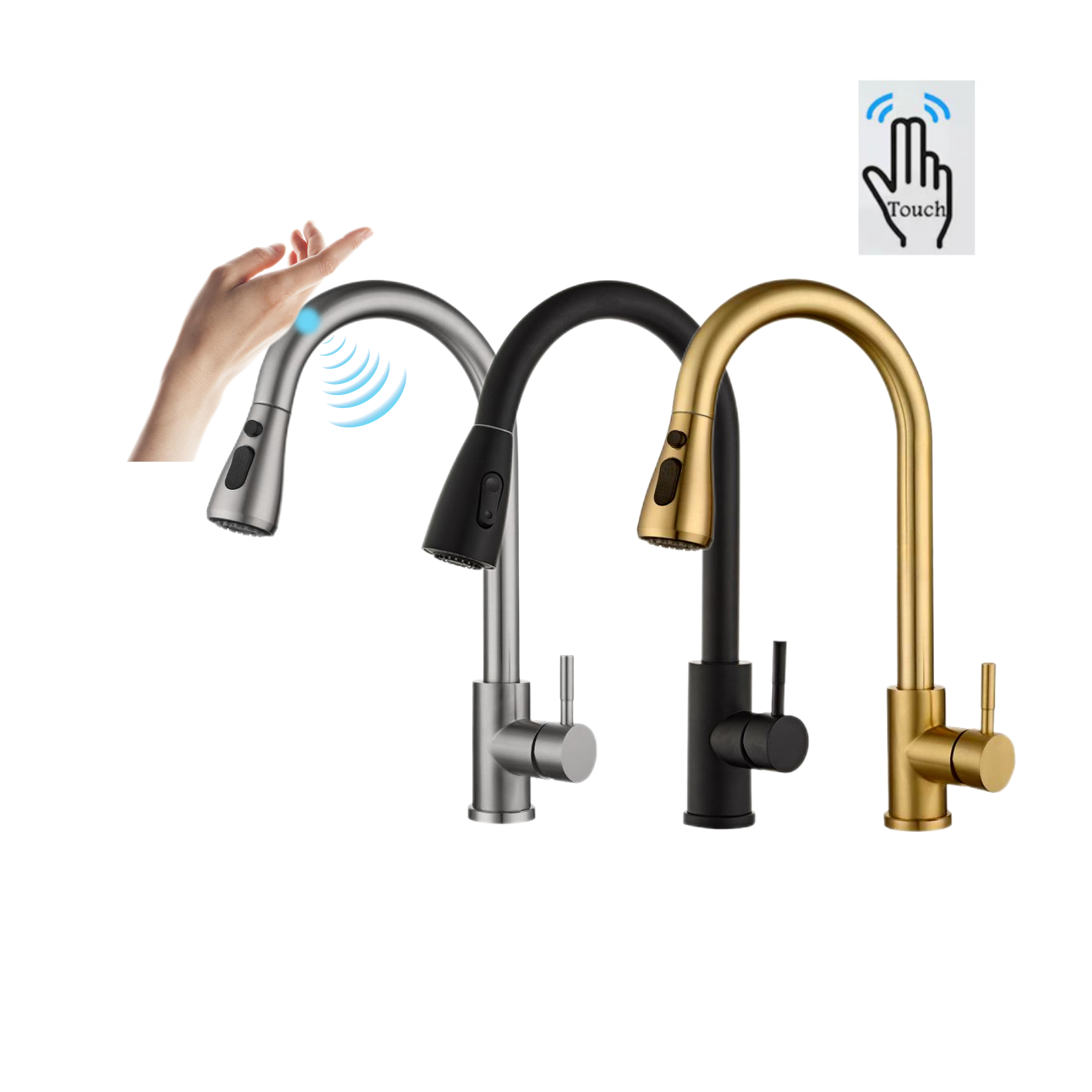 Black Gold Color Pull Down Sprayer Stretchable Pull Out Touch Sensor Kitchen Sink Faucet