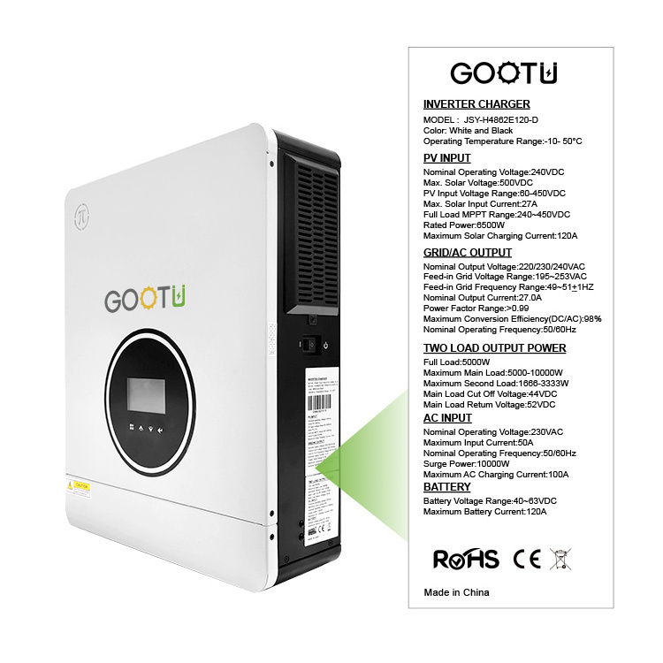 GOOTU  In Stock 6.2KW Hybrid Solar Inverter 48V 120A MPPT Charge Controller 230VAC One Phase Inverter