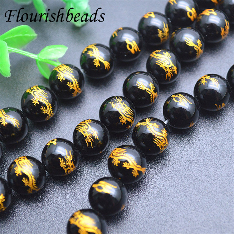 Wholesale Jewelry Natural Gemstone Carved Dragon Black Agate Stone Loose Beads for Bracelet Necklace Making