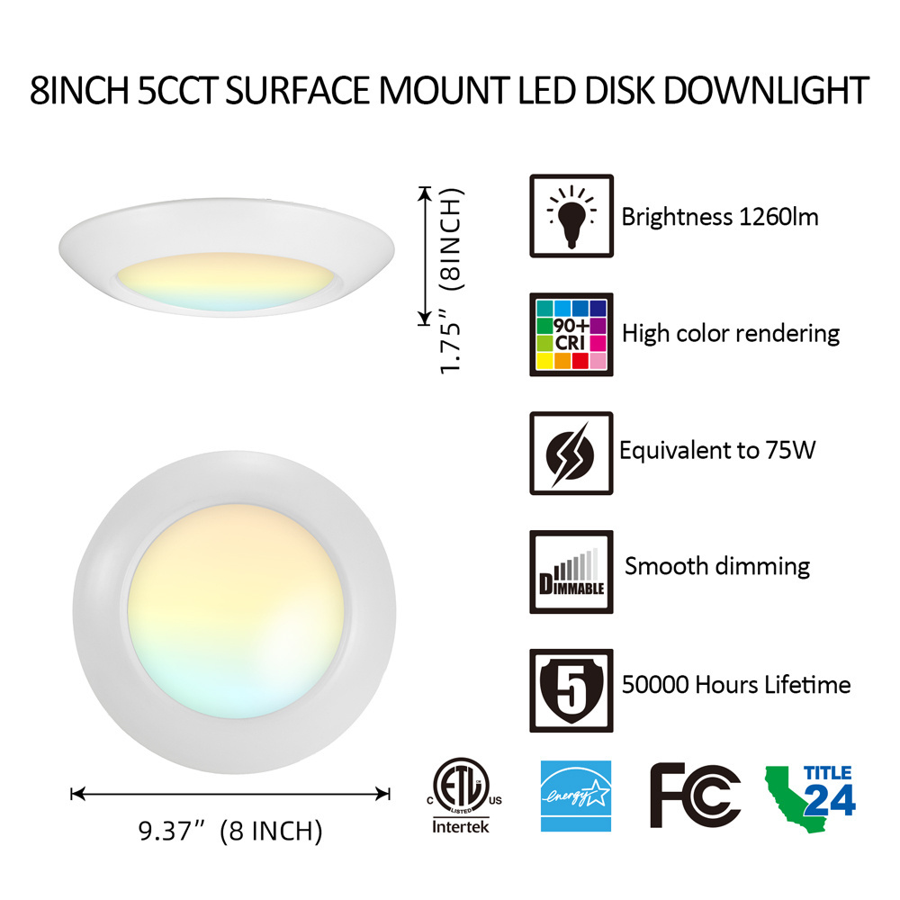 Energy Star & ETL Listed 8 inch dimmable recessed lighting 5cct Round kitchen light led disc light