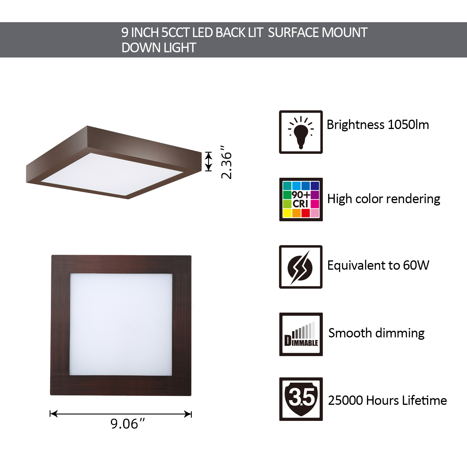 9 Inch Bronze Led Ceiling Lamp Square Simple Flush Mount Dimmable Ceiling Light Fixtures For Apartment