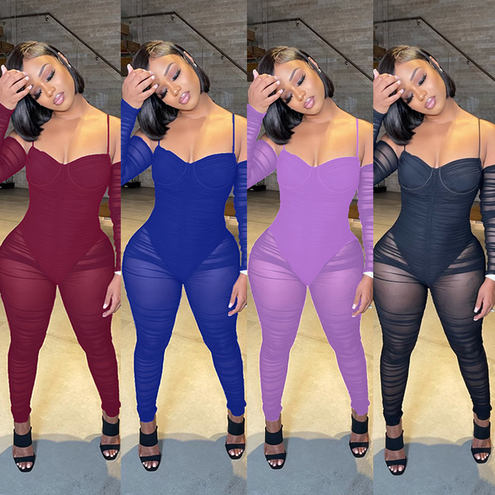 FS5309D Sexy long sleeves off shoulder see-through  Women's mesh casual jumpsuits