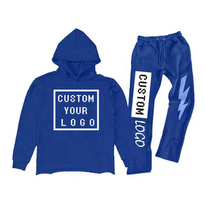 custom Men Stacked Sweatsuit Hem Cut Hoodie And Jogger Sweatpants Set Custom Logo Graphic 3D Puff Print Flared Tracksuit