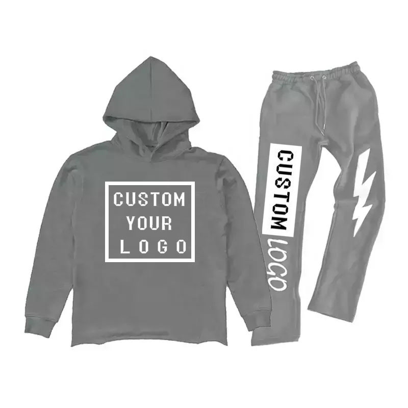 custom Men Stacked Sweatsuit Hem Cut Hoodie And Jogger Sweatpants Set Custom Logo Graphic 3D Puff Print Flared Tracksuit