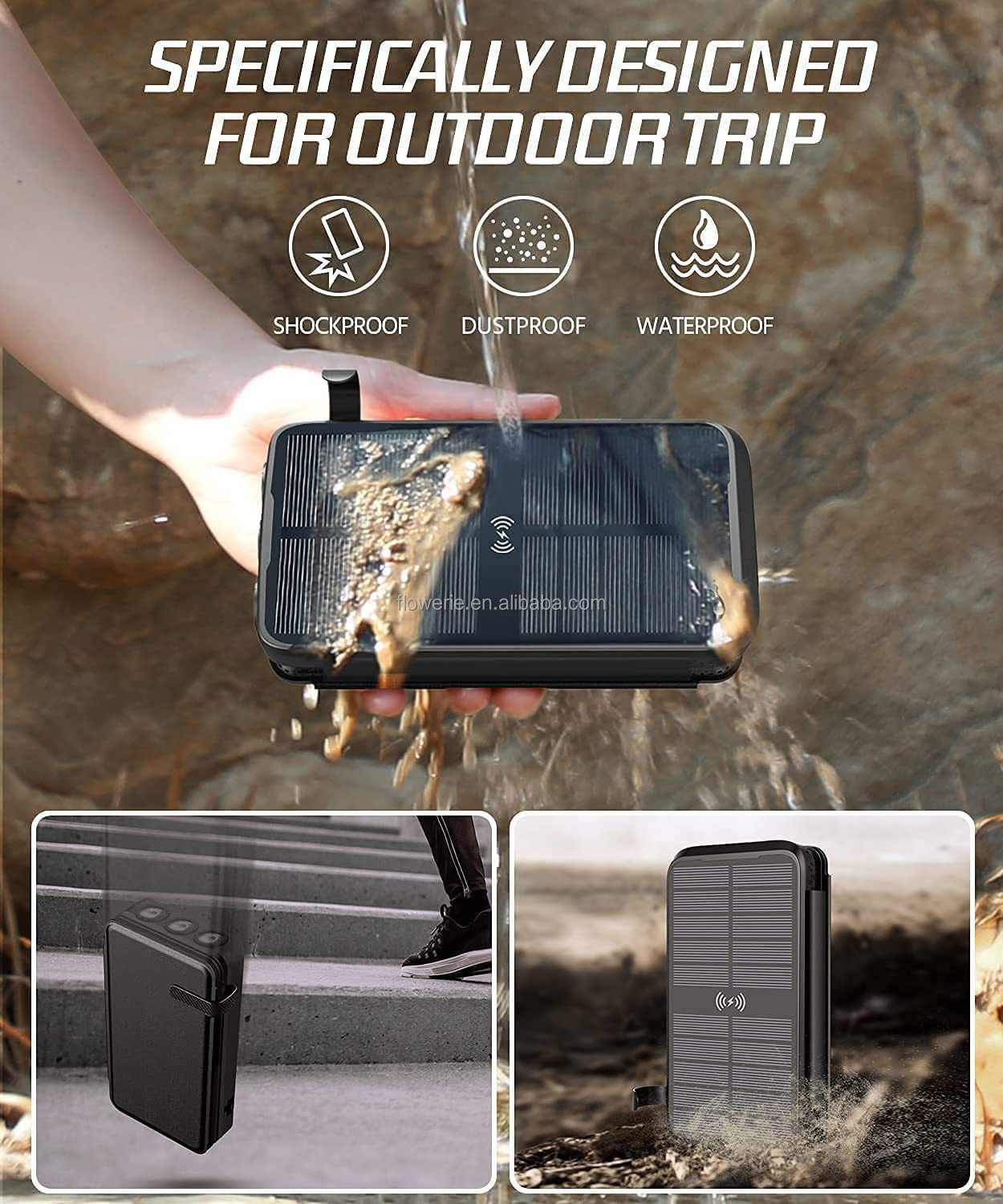 Waterproof 20000mah qc3.0  External Battery Pack Type C Input Output Dual Super Bright Flash portable solar charger power bank