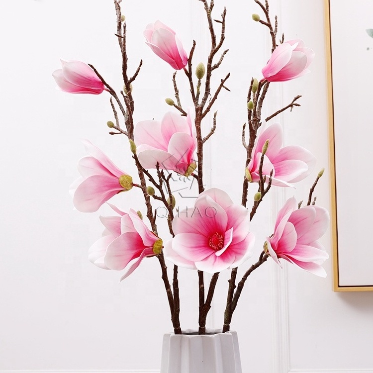 QiHao Latex Real Touch 3D 3 Heads White Pink Magnolia Flower Stem Magnolia Artificial for Sale