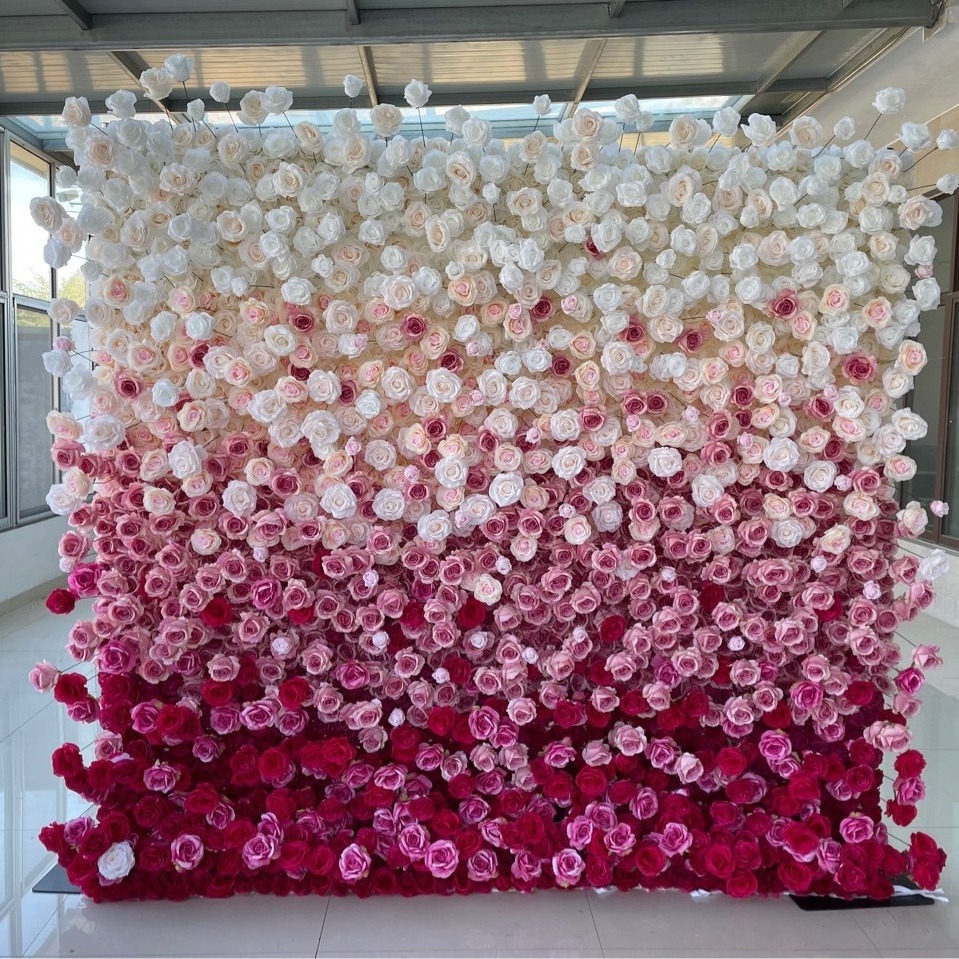 Customized 3D Roll Up Wedding Artificial Silk Rose Flower Wall Panel Backdrop Decoration Artificial