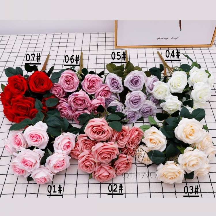 QIHAO 10 Heads Silk Powder purple Roses Flower  Faux Rose Flowers Blooming  for Weeding Home Office