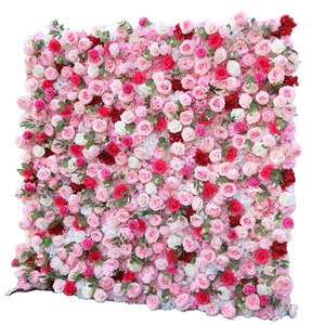 Customized Artificial Flower wall 3D Pink silk Cloth Flower Wall for Wedding Event Decor Artificial Rose Flower Wall Backdrop