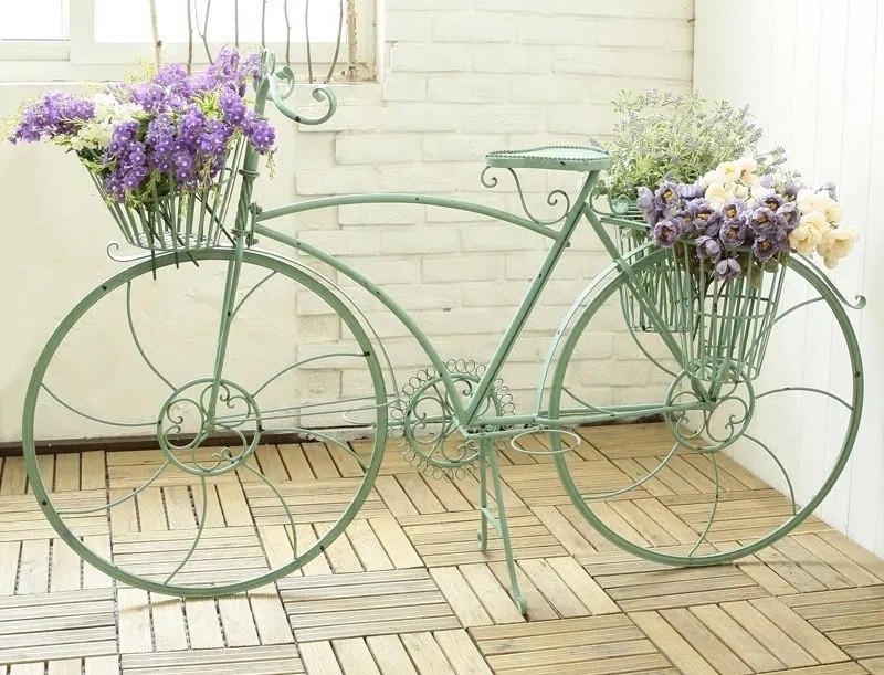 Bike Flower Pot White Garden Planter Decorative Metal Wedding Bicycle Garden Flower Stand