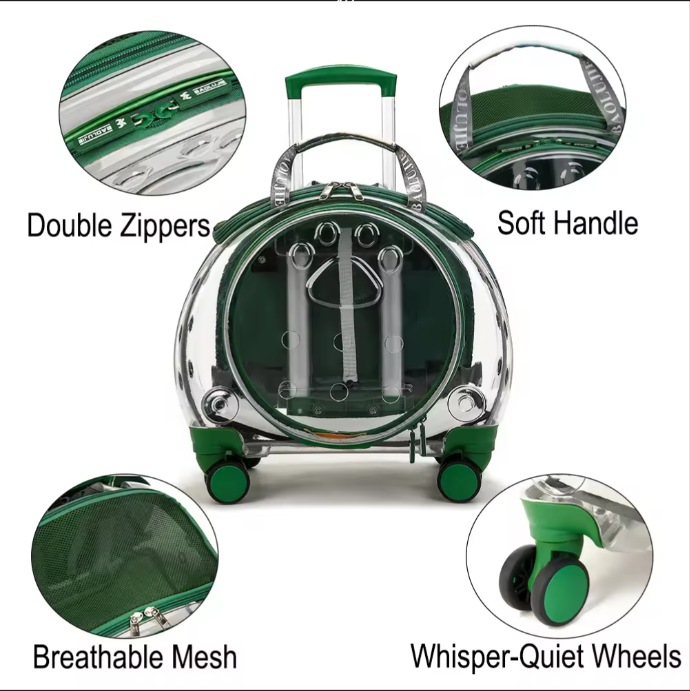 Transparent Breathable Convenient Pet Dog Trolley Case Cat Carriers Travel Shoulder Bag with Wheels