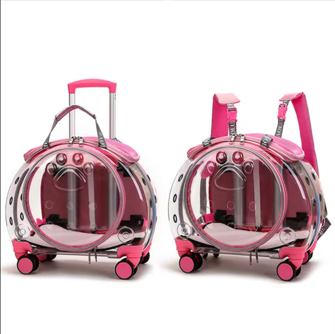 Transparent Breathable Convenient Pet Dog Trolley Case Cat Carriers Travel Shoulder Bag with Wheels