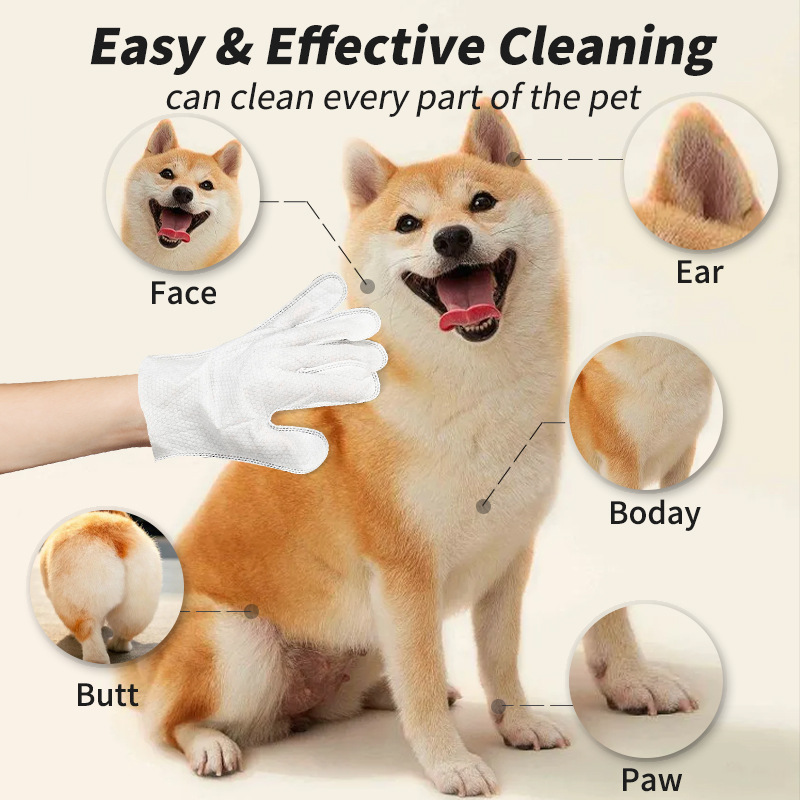 Custom Logo Disposable Biodegradable Non Toxic Pet Deodorization Cleaning Gloves Wet Wipes for Dogs and Cats