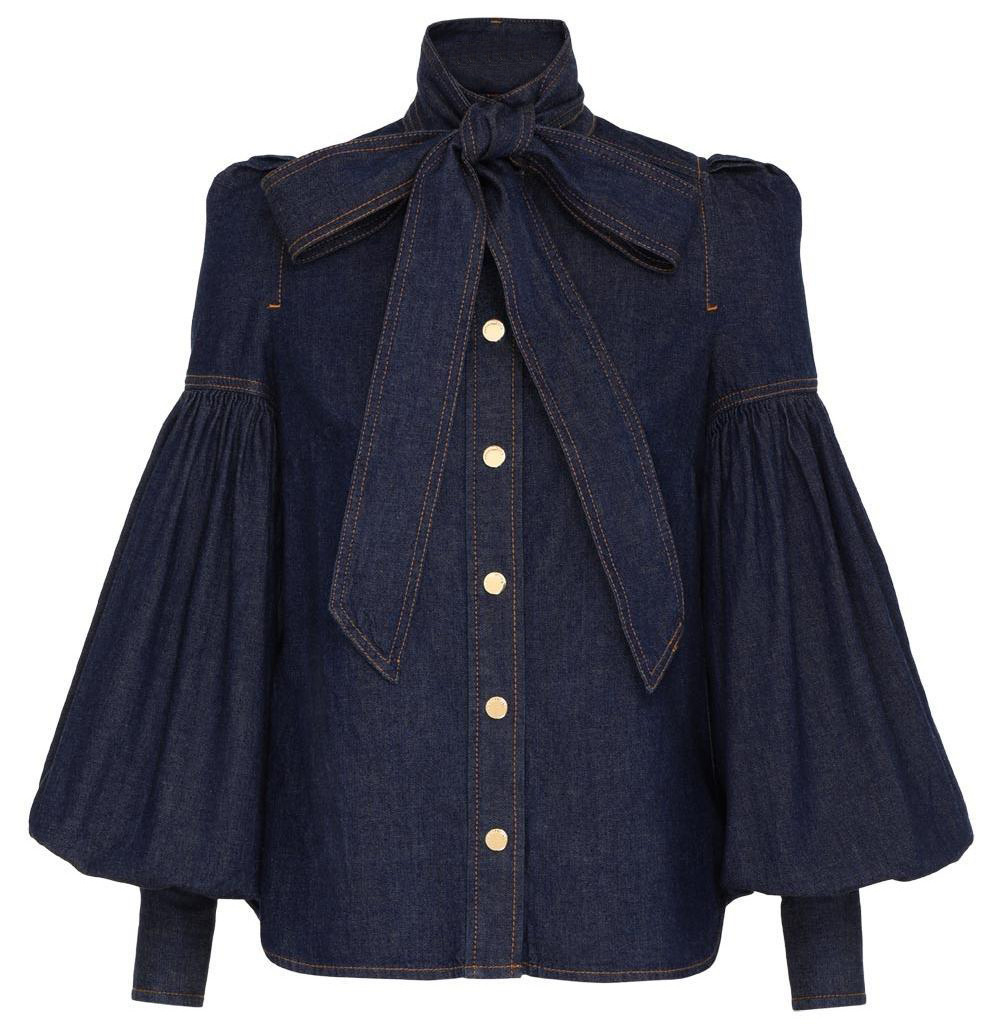 Garment factory supply 2024 women's Casual Denim Fabric Jeans Blouson Long Sleeves Jacket  Ruched Sleeve Fashion Bow Blouse