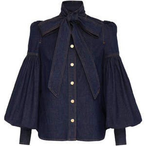 Garment factory supply 2024 women's Casual Denim Fabric Jeans Blouson Long Sleeves Jacket  Ruched Sleeve Fashion Bow Blouse