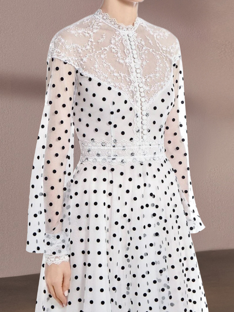 Clothing OEM Factory Polka Dot Black and White Chiffon dress woman evening casual clothes elegant laced maxi A-line dresses