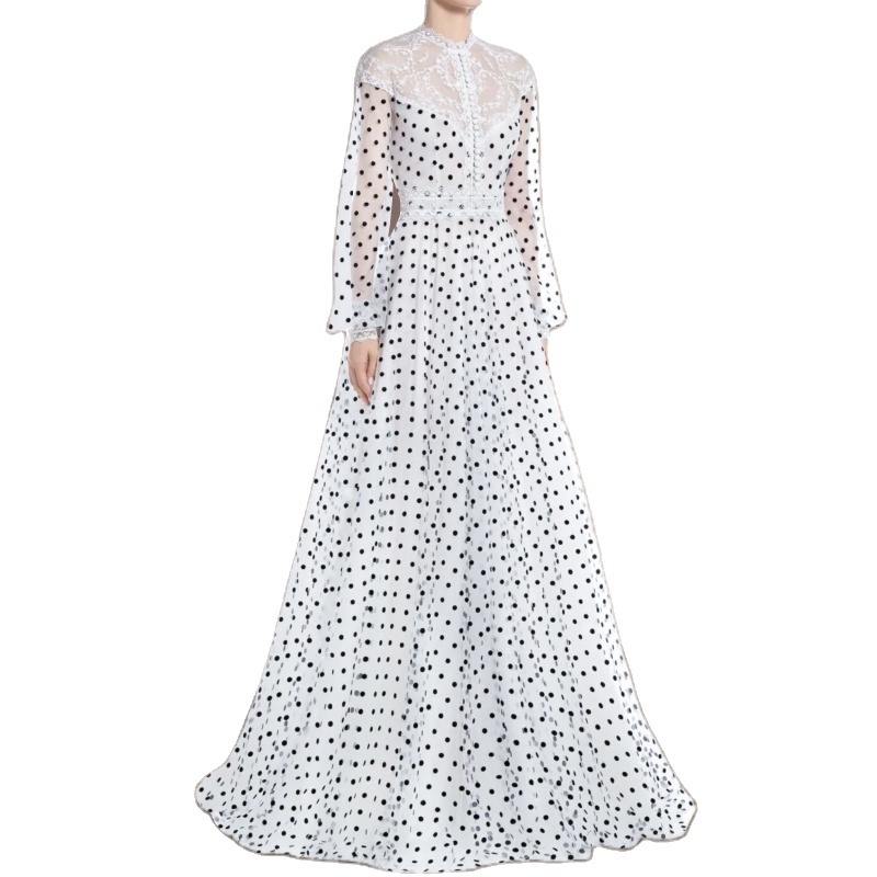 Clothing OEM Factory Polka Dot Black and White Chiffon dress woman evening casual clothes elegant laced maxi A-line dresses