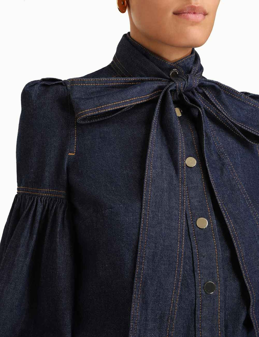 Garment factory supply 2024 women's Casual Denim Fabric Jeans Blouson Long Sleeves Jacket  Ruched Sleeve Fashion Bow Blouse