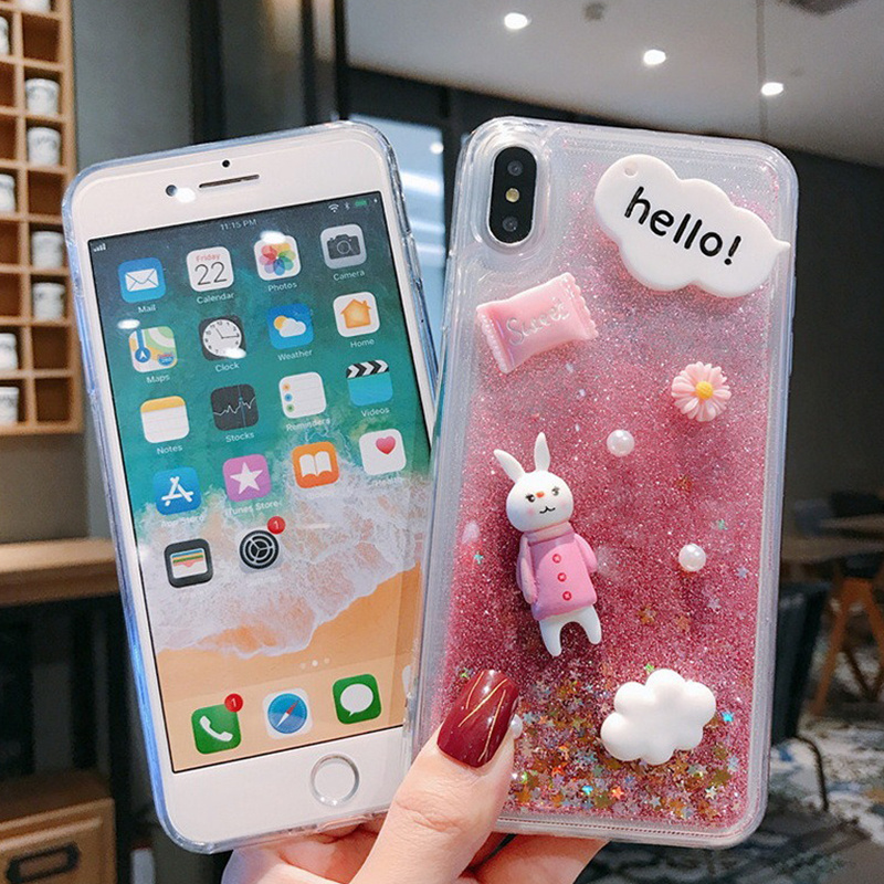 3D Cute Diamond Rabbit Case Bling Quicksand Sparkle Liquid Glitter Phone Shell Case for iPhone 14 Plus Pro Max 12 13