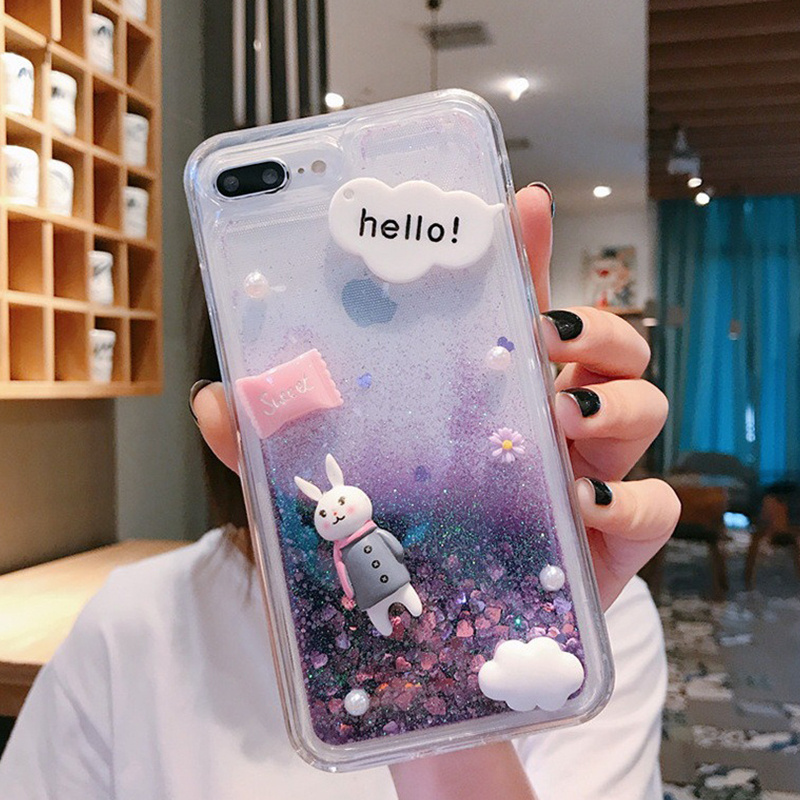 3D Cute Diamond Rabbit Case Bling Quicksand Sparkle Liquid Glitter Phone Shell Case for iPhone 14 Plus Pro Max 12 13