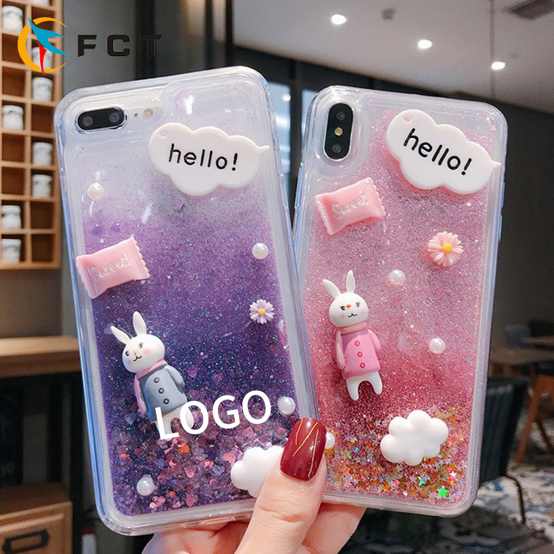 3D Cute Diamond Rabbit Case Bling Quicksand Sparkle Liquid Glitter Phone Shell Case for iPhone 14 Plus Pro Max 12 13