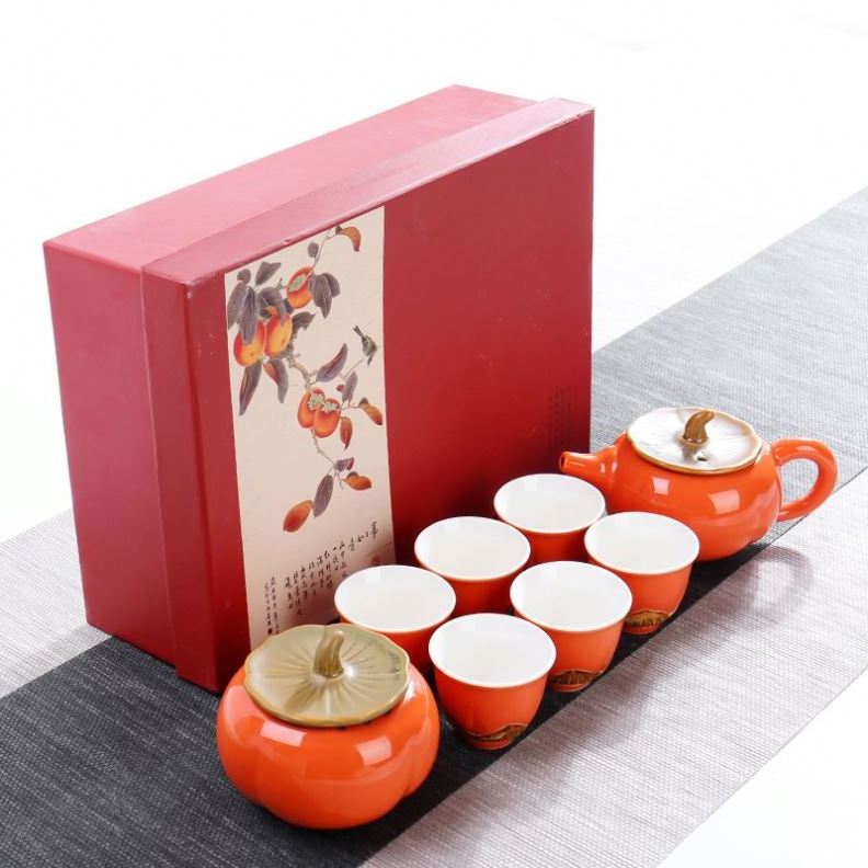 Creative Orange Business Gift Chinese Handmade Porcelain 6 Cups And Pot Tea Set In A Gift Box