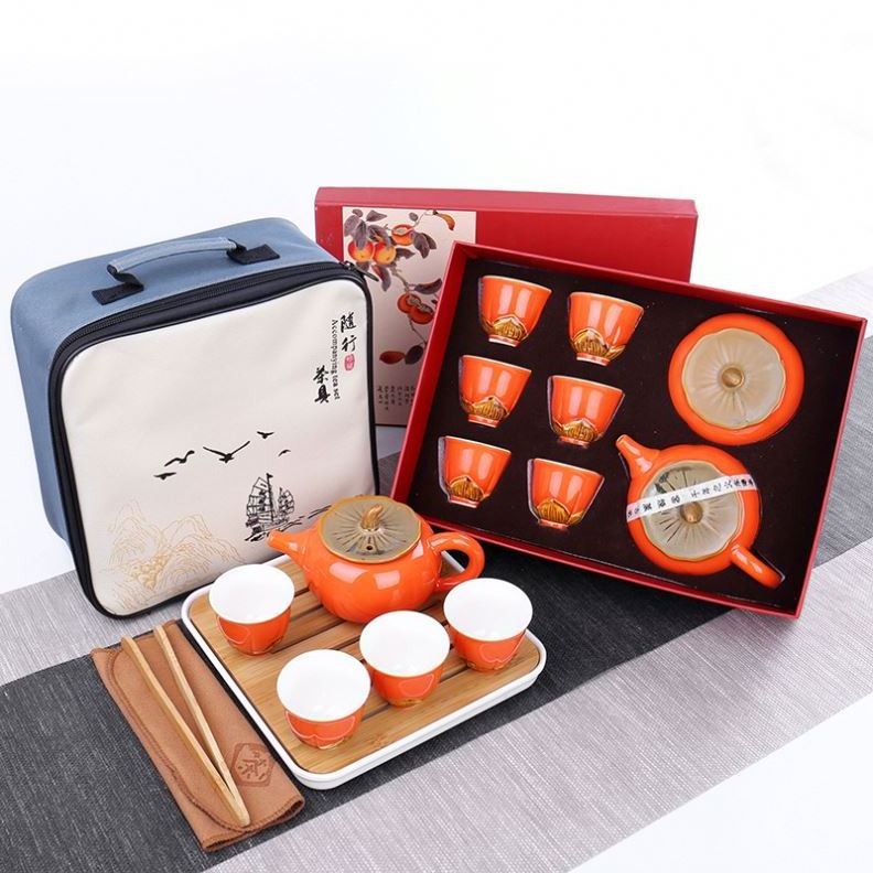 Creative Orange Business Gift Chinese Handmade Porcelain 6 Cups And Pot Tea Set In A Gift Box