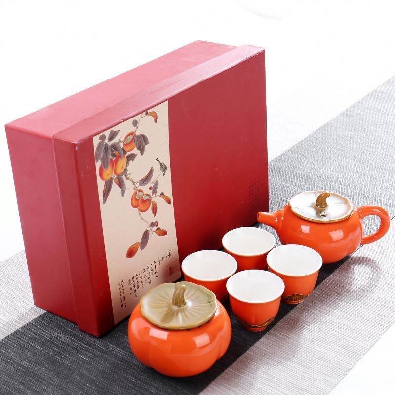 Creative Orange Business Gift Chinese Handmade Porcelain 6 Cups And Pot Tea Set In A Gift Box