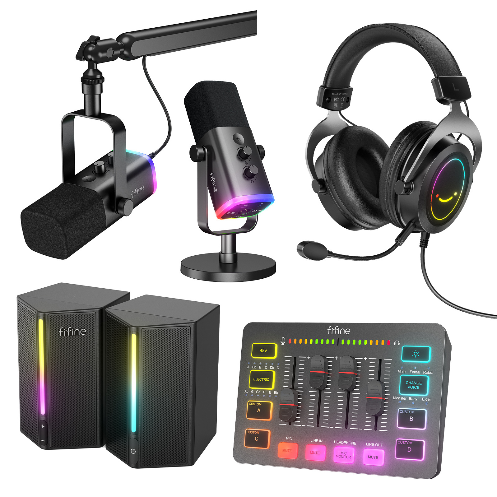 Fifine KSH3 Podcast Equipment Recording Studio Microphone Live Stream SoundCard RGB Speaker Audio Mixer Sound Cards