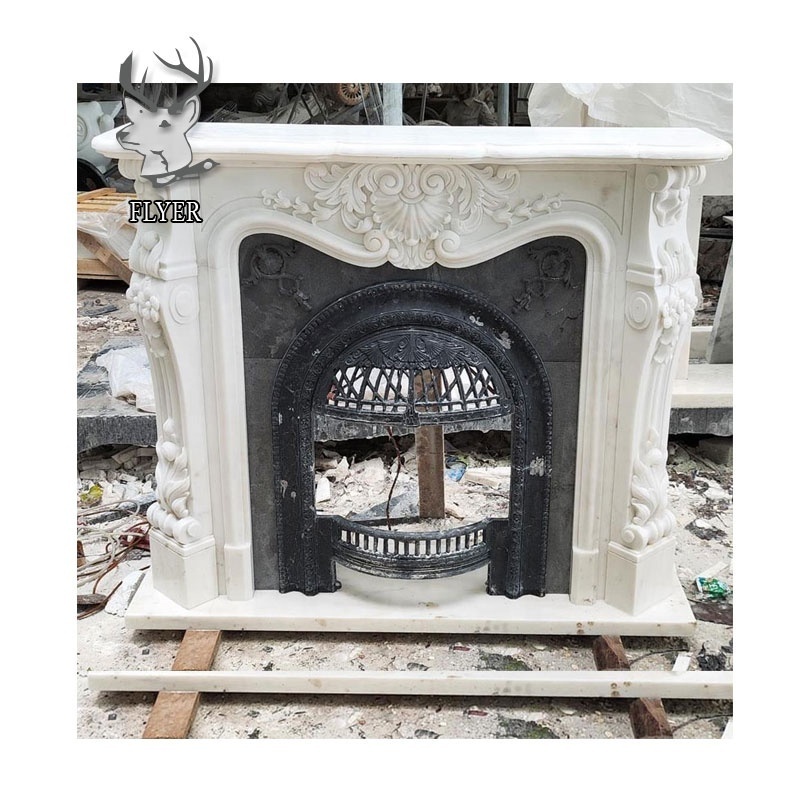 European French natural stone indoor hand carved marble fireplace mantle