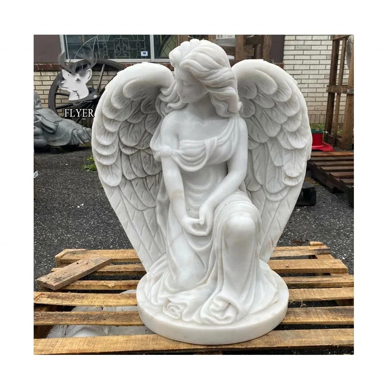 Western Style Hand Carving Natural White Marble Praying Angel With Wings Sculpture