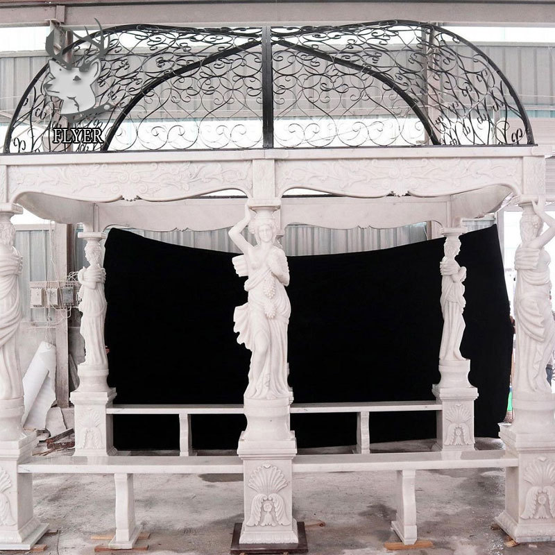 Garden Decoration Stone Pavilion Hand Carved Greek Lady Marble Statue Gazebo Large Outdoor Marble Gazebo with Metal Roof