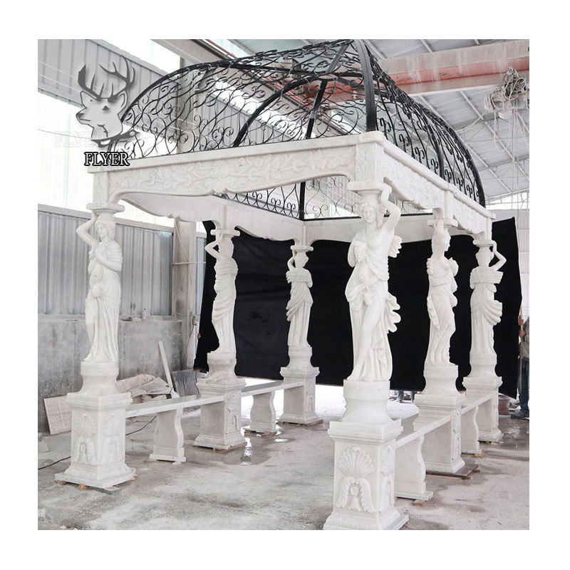 Garden Decoration Stone Pavilion Hand Carved Greek Lady Marble Statue Gazebo Large Outdoor Marble Gazebo with Metal Roof