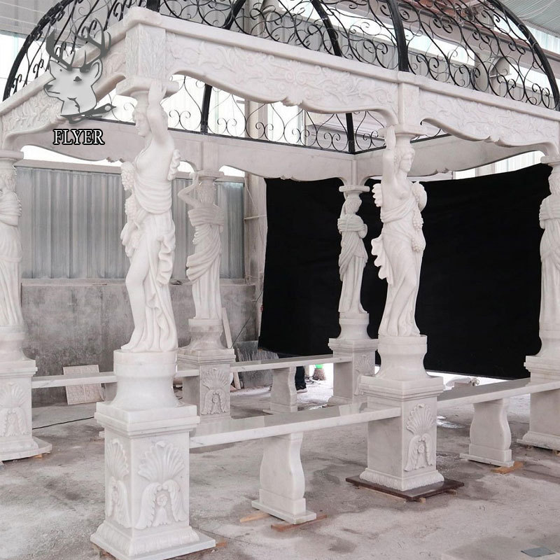 Garden Decoration Stone Pavilion Hand Carved Greek Lady Marble Statue Gazebo Large Outdoor Marble Gazebo with Metal Roof