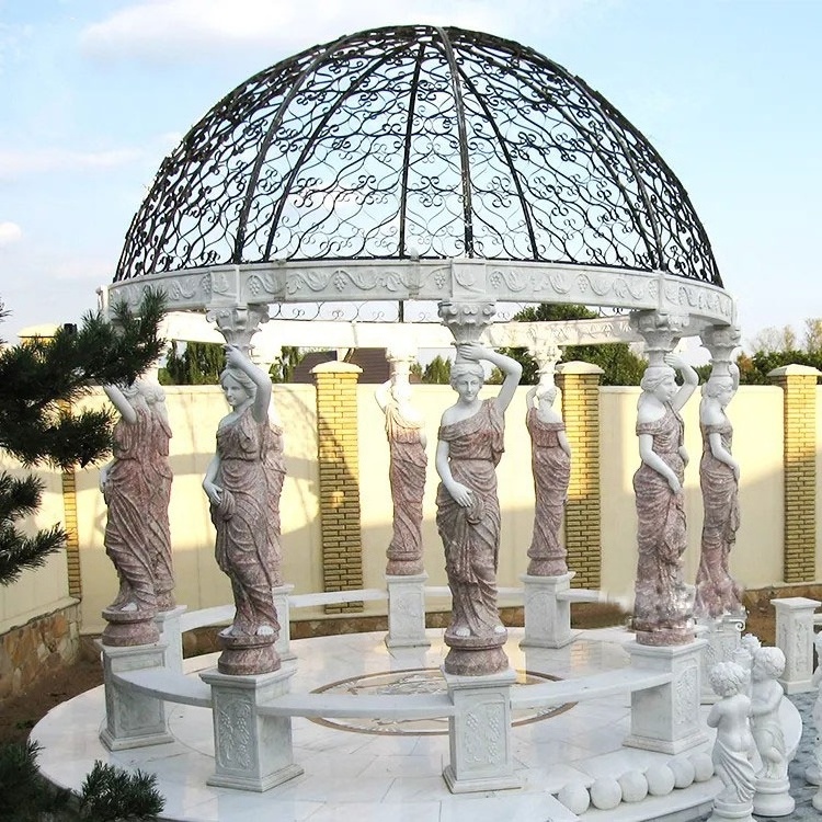 Outdoor Decoration Beautiful Modern Stone Carve Wedding Gazebo White Marble Column Gazebo Pavilion  Garden Large Marble Gazebo