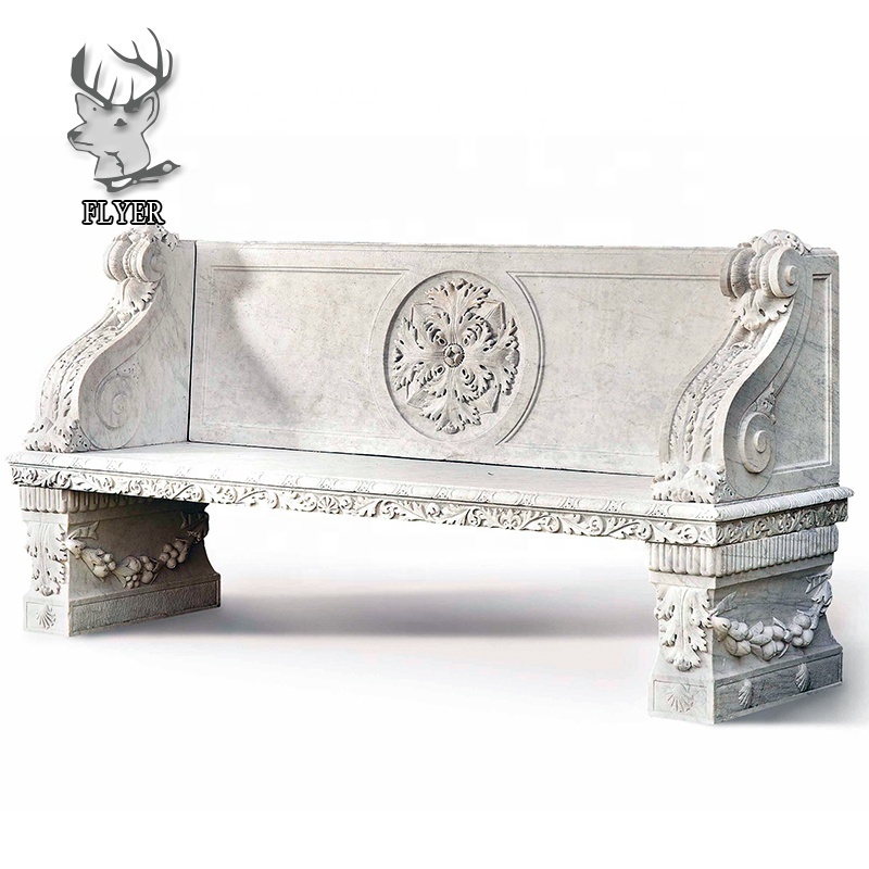 Garden statuary decoration polished natural white marble stone bench with back