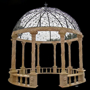 Outdoor Hand Carved Large Cheap Beige Stone Pavilion Solid Marble Garden Gazebo With Stone Columns